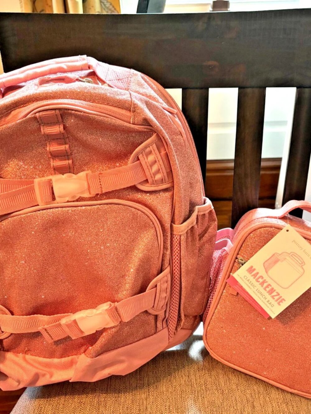 Pottery Barn School LARGE BACKPACK LUNCH BOX SET Travel girl pink glitter 3PC - Picture 7 of 7